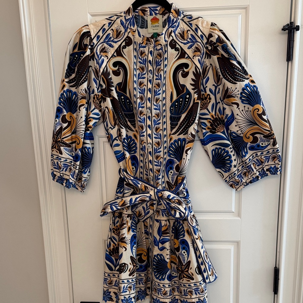 NWOT Farm Rio Print Blue and Tan Belted Mini Dress